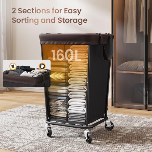 160L Laundry Basket with Wheels, 2-section Rolling Laundry Basket, Large Laundry Hamper with Wheels, Rolling Laundry Hamper Clothes Hamper for Home, Bathrooms and Dorm(Black) - Image 4