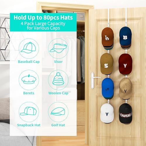 HapiRm Over Door Hat Rack - 4 Packs Metal Hanging Hat Organizer with 16 Hooks Design, Baseball Cap Hanger Organizer Storage Holds up to 80 Caps for Door, Bedroom, Closet(White) - Image 3