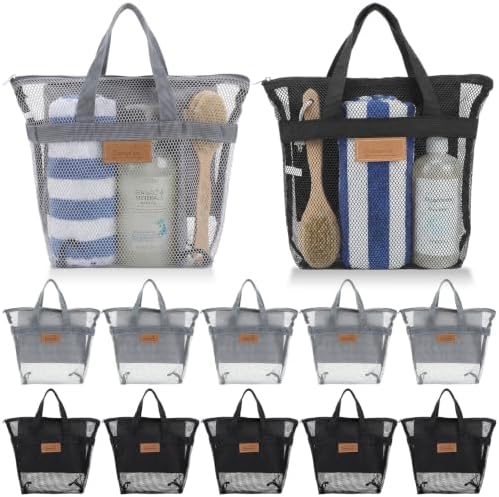 Patelai 12 Pcs Mesh Shower Caddy Portable 12.2 x 10.24 in Large Gym Shower Bag Bulk with Zipper Quick Dry Beach Bag Hanging Toiletry Organizer for Swim Beach Camping Travel College Dorm(Black,Grey) by Patelai