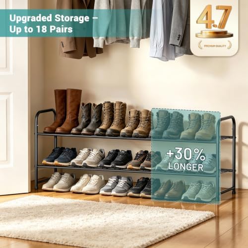 AOODA Long 2 Tier Shoe Rack for Closet Metal Wide Stackable Shoe Storage Organizer for Entryway, Bedroom, Floor, 18-Pairs Low Shoe Shelf, Black - Image 2