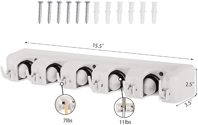 C-CHAIN Mop and Broom Holder, 5 Position with 6 Hooks Garage Storage Holds up to 11 Tools, Multipurpose Wall Mounted Tool Rack Organizer for Kitchen Garage - Image 6