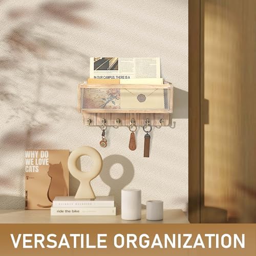 Rebee Vision Key Holder Wall Mount with Mail Basket for Home, Natural Wood - Image 6