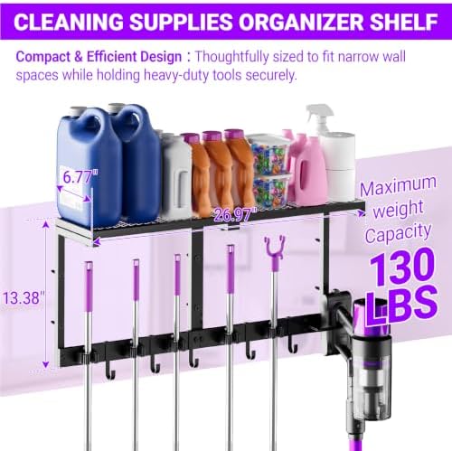 Heavy Duty Broom Holder Wall Mount, All-Metal Mop Rack with Storage Shelves - Image 2