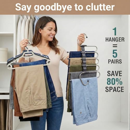 Pants Hangers Space Saving, 5 Tier Jeans Hanger for Closet, Black Multiple Heavy Duty Stainless Steel Pant Rack for Trousers, Legging with 20 Clips (4 Pack) - Image 3