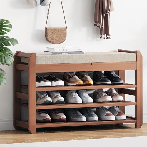 27.6" Entryway Shoe Rack Bench with Cushion, 3-Tier Storage Bench by ACSWOD