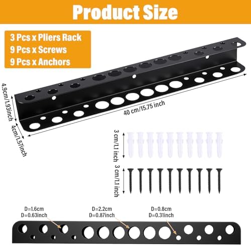 3-Pack Heavy Duty Screwdriver and Pliers Organizer Wall Mount, 16.75" Metal Tool Holder Rack with Screws & Anchors for Garage, Workshop, Toolbox - Image 2