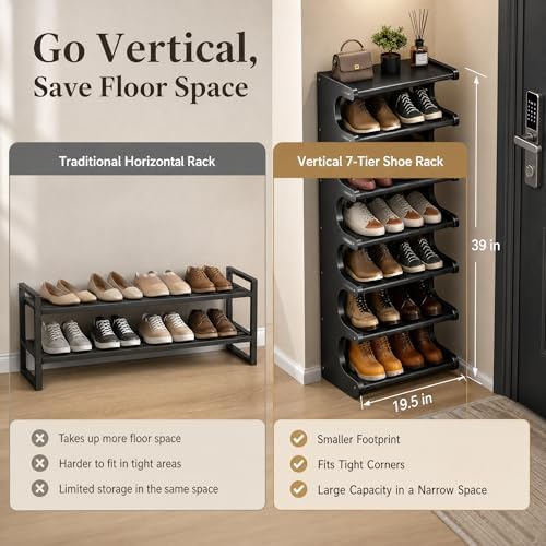 39" Bamboo Shoe Rack - Vertical Shoe Organizer Rack for Small Space, Narrow Shoe Tower for Closet, Entryway, Corner, Tall Shoe Shelf with Removable Shelves, Flexible Storage Shelf for Saving Space - Image 5