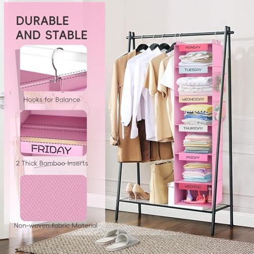 Weekly Hanging Closet Organizer for Kids, 6-Shelf Clothes Storage with Labeled Days of The Week Monday Through Friday, Weekday and Weekend, Days of the Week Clothes Organizer - Image 4