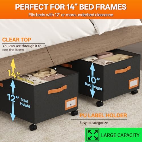 Under Bed Storage with Wheels, 12" Height Under Bed Storage Extra Deep Under Bed Storage Containers, Perfect for 14'' Bed Frame, No Assemble Metal Rolling Underbed Storage for Clothes Shoes Blankets - Image 2
