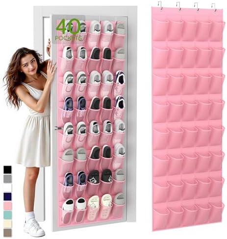 Over the Door Shoe Organizer with 40 Large Breathable Mesh Pockets, Space Saving Shoe Holder, Hanging Shoe Rack for Entryway Bedroom Closet Storage (Pink, 40 Pockets) by Unjumbly