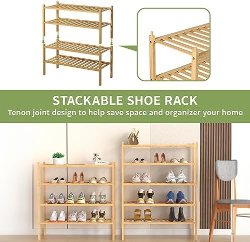 ROMGUAR CRAFT 5 Tier Bamboo Shoe Rack for Closet Free Standing Wood Shoe Shelf for Entryway Small Space Stackable 27"x11"x33" (Natural) - Image 5