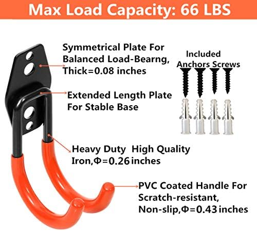 Wall Mount Double Hook,Heavy Duty Steel Garage Storage Utility Hooks with Anti-Slip Coating,Load Capacity 66 LB (4Pack Orange 2.8" Round J Hook) - Image 4