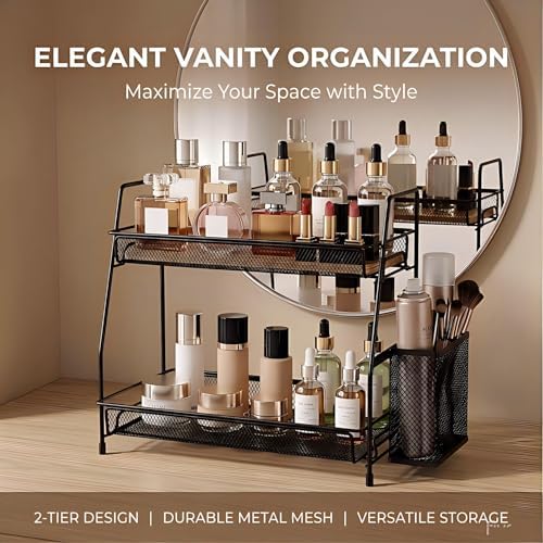 LEMIKKLE 2-Tier Bathroom Countertop Organizer,Skincare, Makeup Countertop Organizers, Kitchen, Bathroom Counter Storage with Small Basket (Black) - Image 4
