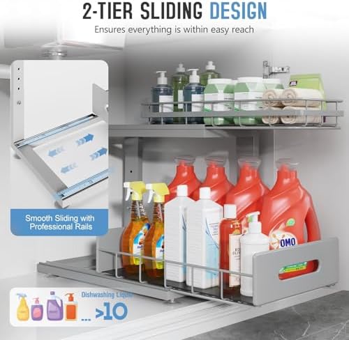 Under Sink Organizer Upgrade To Professional Rails,2-Tier Dual Pull Out Cabinet Storage,Height Adjustable Slide Out Drawers For Bathroom Kitchen,2 Pack-14.5"Dx12.8"-16.9"H,Gun Gray - Image 4