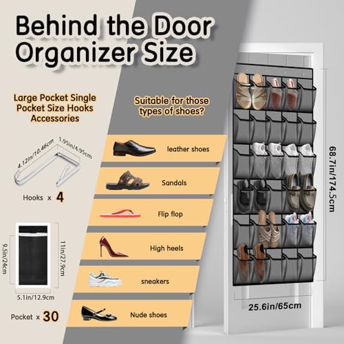 Over the Door Shoe Organizer with 30 Breathable Mesh Pockets (2PC-Gray) - Image 3