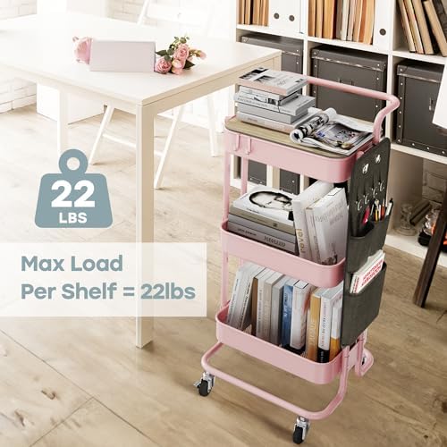 DTK 3-Tier Rolling Cart with Table Top, Metal Utility Cart with Side Bags - Image 3