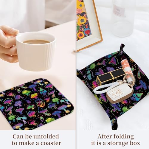 PU Leather Jewelry Valet Tray, Portable Catchall Tray for Keys, Wallet, Watch,Travel Jewelry Tray Organizer for Nightstand Desk Entryway Home Decor Gift for Women Men Neon Mushroom - Image 3