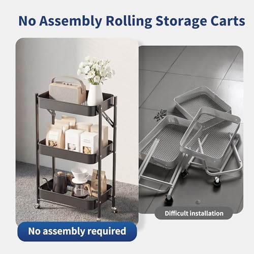 JAQ 3-Tier Foldable Rolling Cart with Wheels, No Assembly Required Metal Storage Cart, 26.8" Low Profile Under Desk Organizer, 10" Wide Narrow Utility Cart for Small Spaces, Black - Image 5