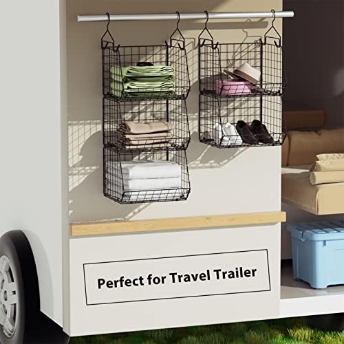 X-cosrack 5 Tier Closet Hanging Organizer, Clothes Hanging Shelves with 4 Hanging Hooks 5 S Hooks, Wire Storage Basket Bins, for Clothing Sweaters Shoes Handbags Clutches Accessories Patent Design - Image 6