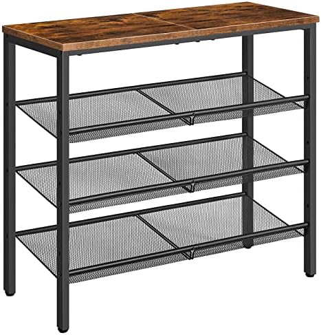 HOOBRO Shoe Rack for Entryway, 4-Tier Shoe Organizer with Adjustable Mesh Shelves, 12-16 Pairs of Shoes, Spacious Floor Mount, Metal, Industrial, Shoe Shelf for Closet, Rustic Brown BF42XJ01 by HOOBRO