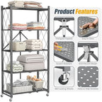 5-Tier Folding Metal Storage Rack - 63" Heavy-Duty Steel Frame with Wheels, No Assembly Utility Organizer, Rolling Shelving Unit for Kitchen, Garage, Pantry, Bedroom (Gray, 5 Tier) - Image 6