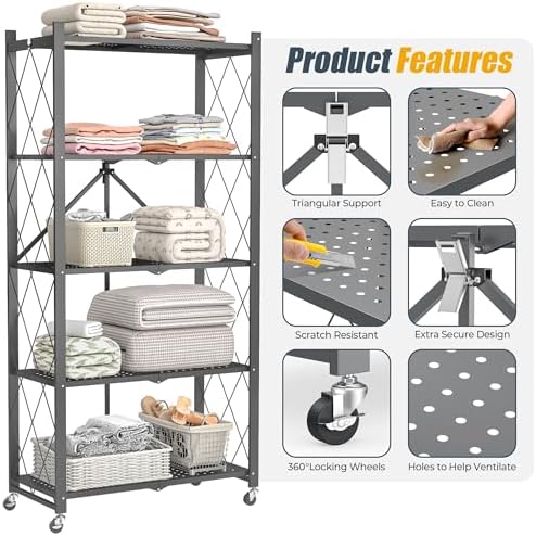 5-Tier Folding Metal Storage Rack - 63" Heavy-Duty Steel Frame with Wheels, No Assembly Utility Organizer, Rolling Shelving Unit for Kitchen, Garage, Pantry, Bedroom (Gray, 5 Tier) - Image 6