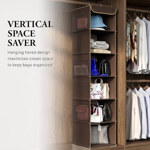 Simple Houseware 6 Shelf Hanging Closet Organizer, Brown | 360° Rotating Dual Hooks, Top Support Metal Frame, 6 Side Mesh Pockets - Image 6