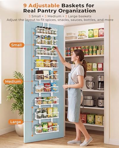 EVERIE Over the Door Pantry Organizer, 9-Tier Heavy Duty Door Storage Rack with Solid Bottom Baskets, Stable No-Bumping Design, Adjustable Hanging Shelves for Kitchen Pantry - Image 7