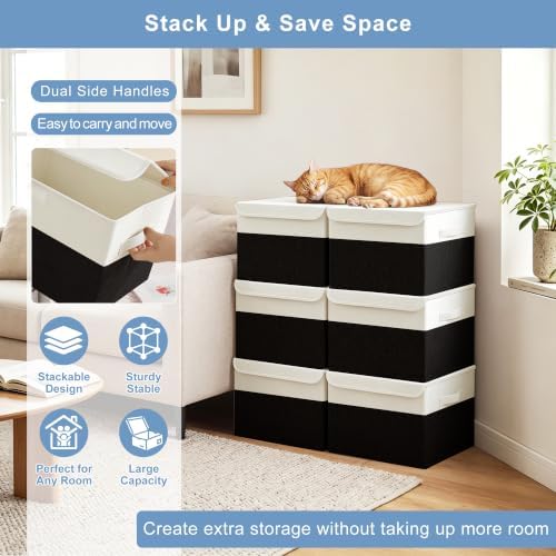 Bagnizer Large 22 Quart Linen Fabric Foldable Storage Bin Cube Organizer Basket with Flip-Top Lid & Handles, Clothes Blanket Box for Home, Office, Closet, Black & White, 4 Pack 14.6 x 9.5 x 9.5 - Image 5