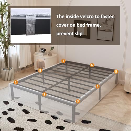 Maenizi 14 Inch Full Bed Frame with White Fabric Cover, Heavy Duty Metal Bed Frame Full, No Box Spring Needed, Support Up to 3000 lbs, Easy Assembly, Noise Free, Black - Image 6