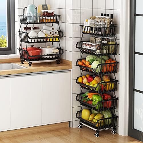 Metal Wire Baskets with Wheels, Stackable Storage Bins Kitchen Organizer Shelf 3-4-5-6 Tier Fruit Vegetable Cart Dishes Seasonal Rack Shelves for Garage, Pantry, Bathroom by KOLENSA