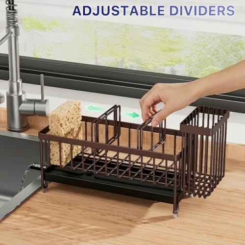 Cisily Brown Sponge Holder for Kitchen Sink, Sink Caddy Organizer with High Brush Holder, Kitchen Countertop Organizers and Storage Essentials, Rustproof 304 Stainless Steel, Soap Dispenser Organize - Image 4