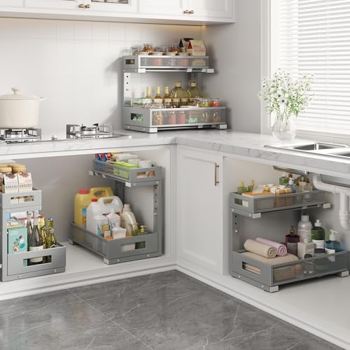 1 Pack-11.4"-16.14" H Under Sink Storage Organizer, Large 2-Tier Elegant Mesh Pull Out Shelf for Kitchen & Bathroom Cabinet Organization, L-Shaped, Adjustable Height-Gun Gray - Image 6