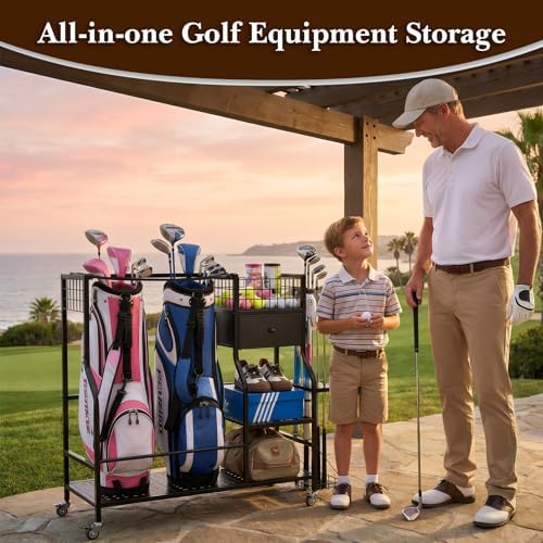 Faesun Golf Bag Organizer for Garage, Golf Bag Storage Rack with 6 Club Slots, Golf Club Organizer with Fabric Drawer & Wheels, Golf Storage Organizer Holds 2 Bags, Golf Rack Storage System - Image 2