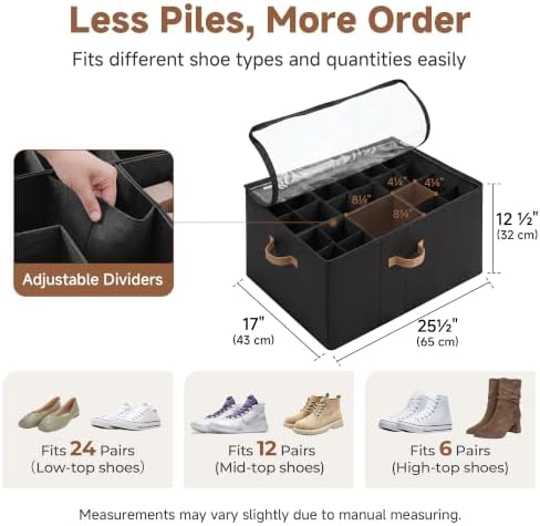StorageWorks 24-Pair Large Shoe Organizer Box, Adjustable Dividers, Black - Image 3