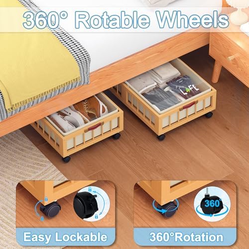 efluky 2-Pack Bamboo Under Bed Storage Containers with Wheels, Under Bed Clothes Storage Basket with Large Dust Bag, Rolling UnderBed Storage for Bedroom, Dorm and Basement, Nature - Image 4