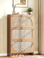 Nicetree Rattan Arched Accent Shoe Storage Cabinet - Freestanding Ultra Slim for Entryway, 3 Flip Drawers & 3-Tier Adjustable Shelves, Farmhouse Modern Rustic Shoe Rack for Hallway, Foyer, Living Room by Nicetree