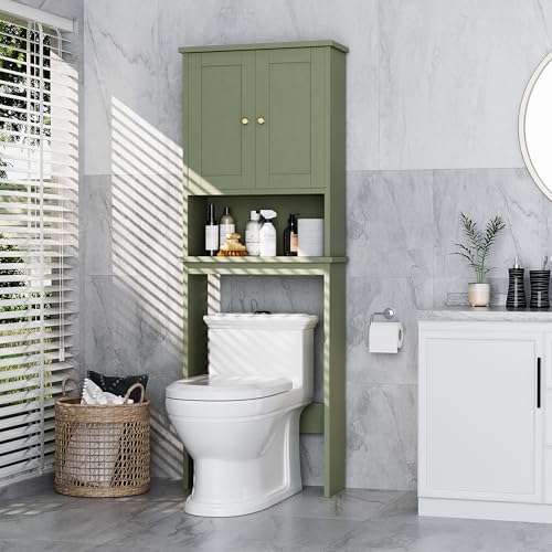 Over the Toilet Storage Cabinet, Bathroom Storage Organizer Over Toilet, Space Saver W/Adjustable Shelf & Open Shelf, Green by Meilocar