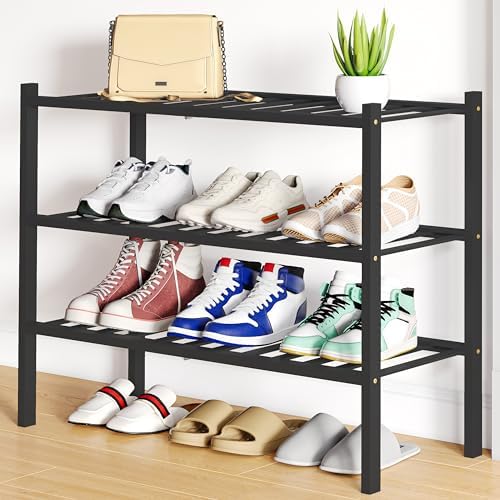 Smiry Bamboo Shoe Rack, 12 Vertical Slats, 3 Tier - 26.8" Wide, Black by Smiry
