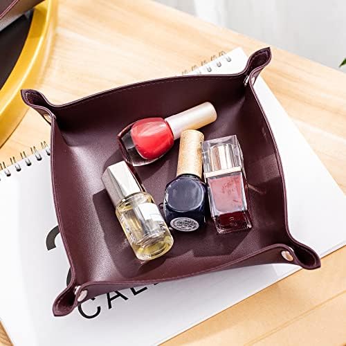 Leather Jewelry Valet Tray for Women and Man, Portable Entryway Table Tray Bedside Nightstand Desk Tray Small Catchall Travel Dish Plate for Key,Wallet,Watch,Coin(8x8, Deep Brown-B) - Image 5
