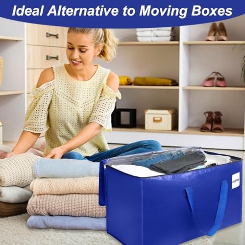 6 Pack Extra Large Heavy Duty Moving Bags with Reinforced Zippers & Wide Carry Handles, Durable Storage Totes for Clothes Packing, Dorm Moves & Home Organization, Blue - Image 7