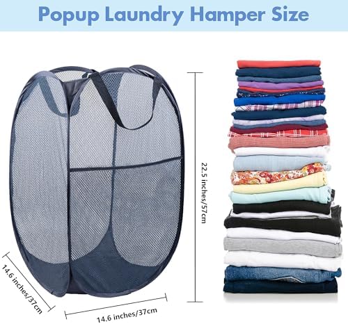Pop Up Laundry Hamper, 70 L Collapsible Mesh Basket with Side Pocket, Blue - Image 2