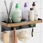 Shower Caddy Adhesive with 5 Hooks & Drainage, No-Drill, Wood by LEWONO