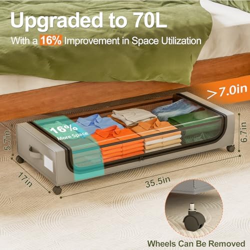 GoMaihe Under Bed Storage with Wheels 70L Grey 2-Pack | Rolling Bins for Shoes Clothes in Dorm Bedroom - Metal Drawers Easy Pull-out - Image 2