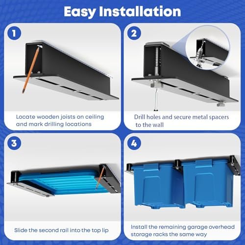 WooFog Overhead Garage Storage Rack, Garage Ceiling Storage Racks, Heavy Duty Storage Bin Ceiling Rails for 27 Gallon Totes，Tote Storage Rack System -Black (6 Sets for 5 Bins) - Image 4