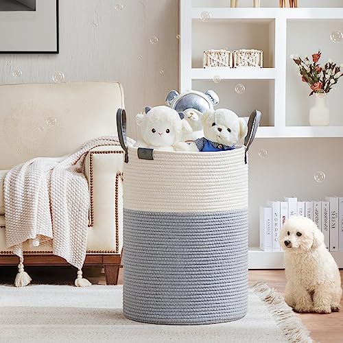 VIPOSCO 100L Tall Woven Rope Laundry Hamper, Leather Handles, Grey & White - Image 2