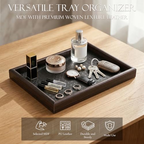 2Pcs Wooden Valet Tray with Leather Base, 11.8 x 7.87inches Entryway Bedside Dump Holder Nightstand Catchall Organizer for Perfume Watch Wallets Keys Watches Jewelry & Sunglasses - Image 7