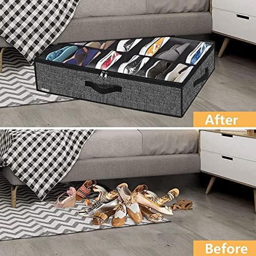 Onlyeasy Under Bed Shoe Storage Organizer For Closet, 4 Pack Fit 12x4 Pairs, Underbed Solution Shoes Container Bags with Sturdy Sidewall & Reinforced Handles, Breathable, Linen-like Black, MXAUBSB4P - Image 3