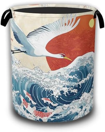 White Crane Laundry Baskets,Red Sun Japanese Wave Laundry Hamper,Storage Basket with Handles for Bathroom Bedroom College Dormitory Living Room Nursery Organizer 16"x20.8" by Unknown