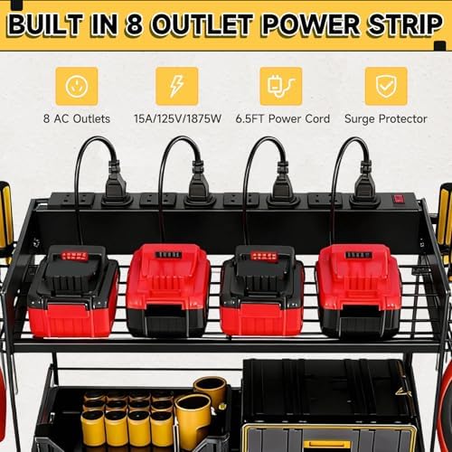 Power Tool Organizer Wall Mount, 2 Layers Heavy Duty 4 Cordless Drill Holder Tool Storage Rack with 8 Power Strip Battery Charging Station,Pliers Screwdrivers Organizer for Garage, Workshop,Tool Room - Image 2